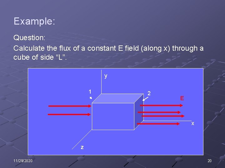 Example: Question: Calculate the flux of a constant E field (along x) through a