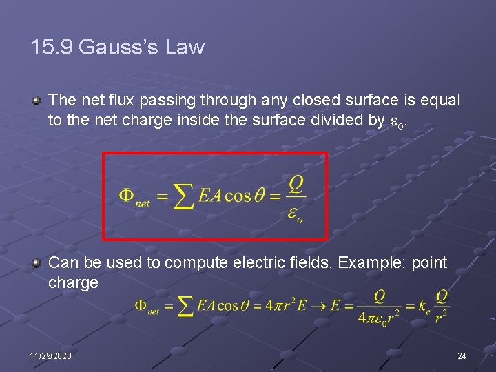 15. 9 Gauss’s Law The net flux passing through any closed surface is equal