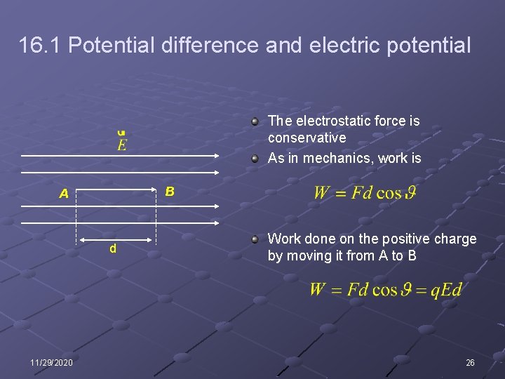 16. 1 Potential difference and electric potential The electrostatic force is conservative As in