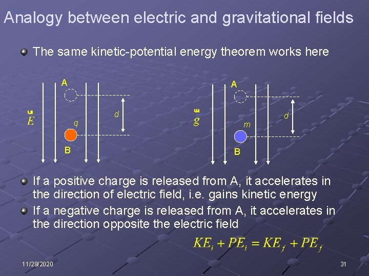 Analogy between electric and gravitational fields The same kinetic-potential energy theorem works here A