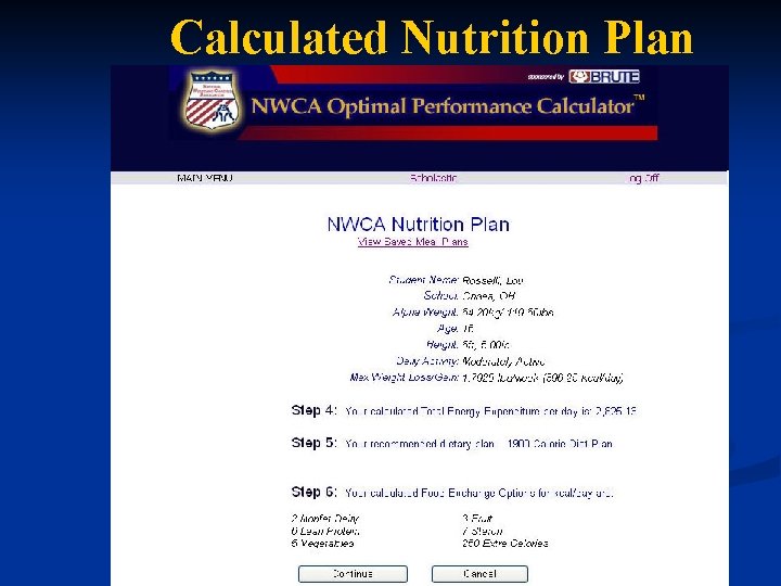 Calculated Nutrition Plan 