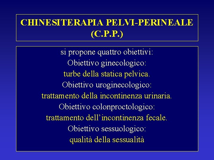 CHINESITERAPIA PELVI-PERINEALE (C. P. P. ) si propone quattro obiettivi: Obiettivo ginecologico: turbe della