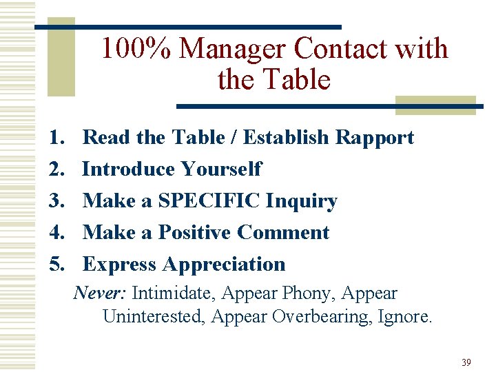 100% Manager Contact with the Table 1. 2. 3. 4. 5. Read the Table