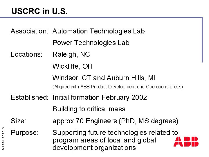 USCRC in U. S. Association: Automation Technologies Lab Power Technologies Lab Locations: Raleigh, NC