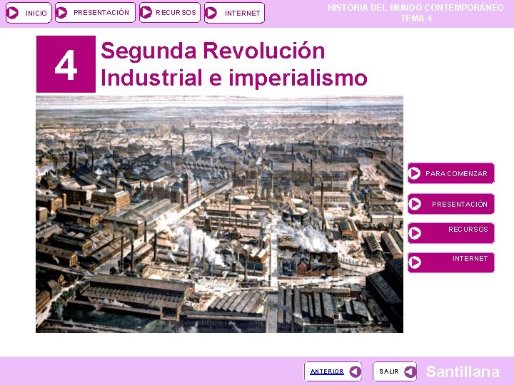 INICIO PRESENTACIÓN 4 RECURSOS INTERNET HISTORIA DEL MUNDO CONTEMPORÁNEO TEMA 4 Segunda Revolución Industrial INICIO PRESENTACIÓN 4 RECURSOS INTERNET HISTORIA DEL MUNDO CONTEMPORÁNEO TEMA 4 Segunda Revolución Industrial