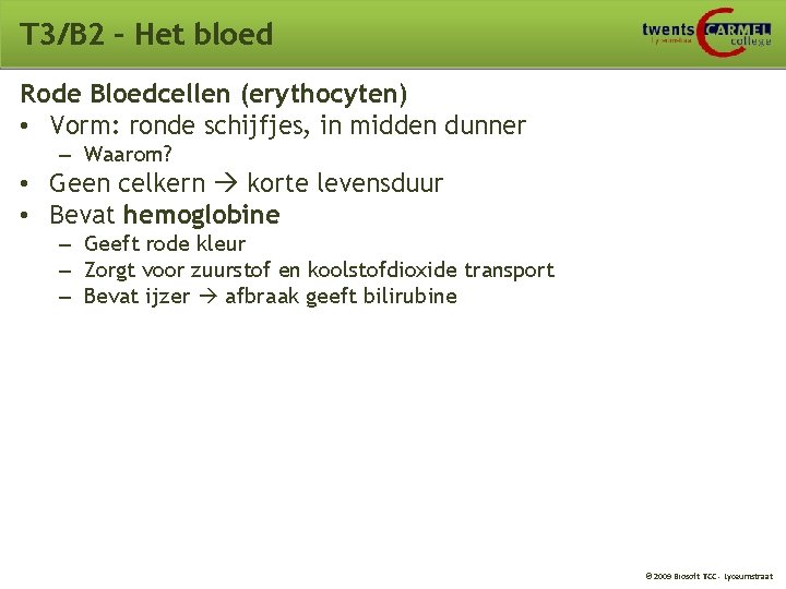 T 3/B 2 – Het bloed Rode Bloedcellen (erythocyten) • Vorm: ronde schijfjes, in