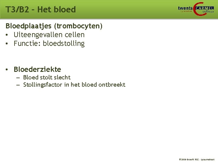 T 3/B 2 – Het bloed Bloedplaatjes (trombocyten) • Uiteengevallen cellen • Functie: bloedstolling