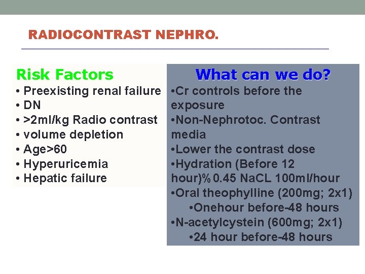 RADIOCONTRAST NEPHRO. Risk Factors • Preexisting renal failure • DN • >2 ml/kg Radio RADIOCONTRAST NEPHRO. Risk Factors • Preexisting renal failure • DN • >2 ml/kg Radio
