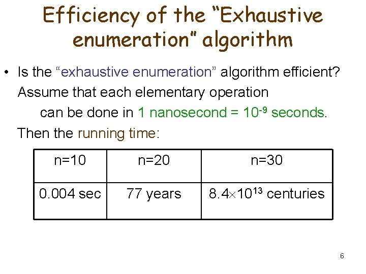 Efficiency of the “Exhaustive enumeration” algorithm • Is the “exhaustive enumeration” algorithm efficient? Assume