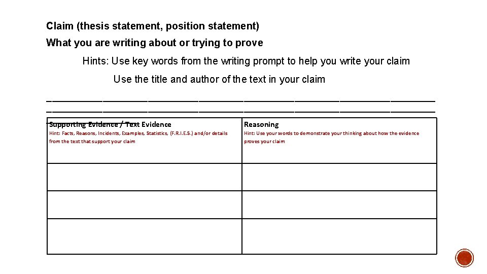 Claim (thesis statement, position statement) What you are writing about or trying to prove