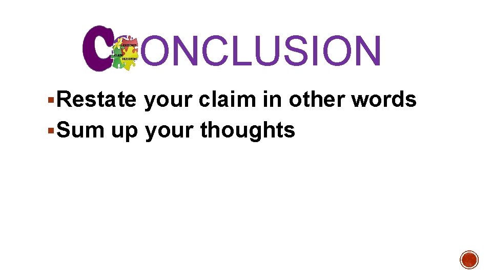 CONCLUSION §Restate your claim in other words §Sum up your thoughts 