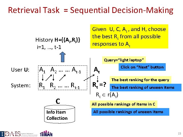 Retrieval Task = Sequential Decision-Making History H={(Ai, Ri)} i=1, …, t-1 Given U, C,