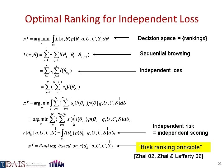 Optimal Ranking for Independent Loss Decision space = {rankings} Sequential browsing Independent loss Independent