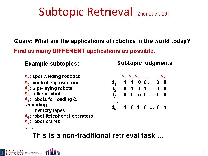 Subtopic Retrieval [Zhai et al. 03] Query: What are the applications of robotics in