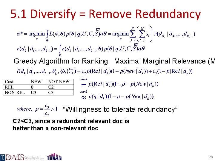 5. 1 Diversify = Remove Redundancy Greedy Algorithm for Ranking: Maximal Marginal Relevance (M