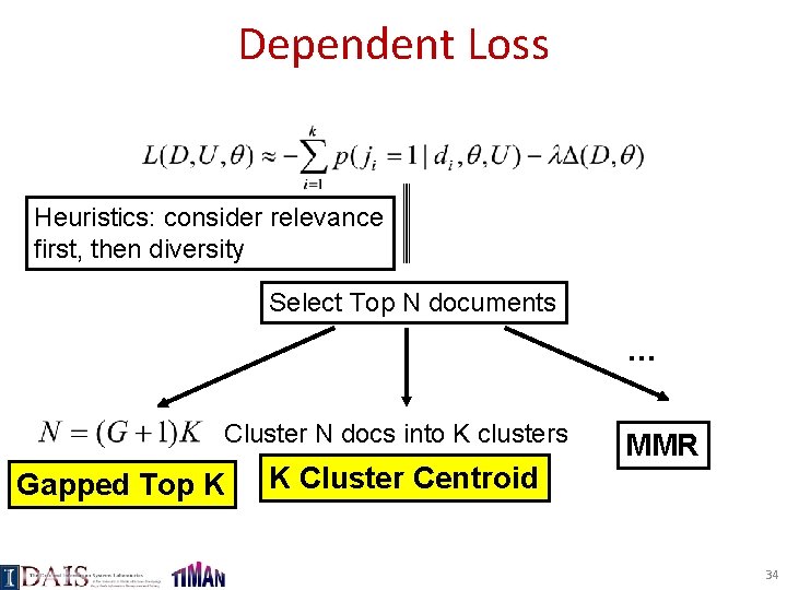 Dependent Loss Heuristics: consider relevance first, then diversity Select Top N documents … Cluster