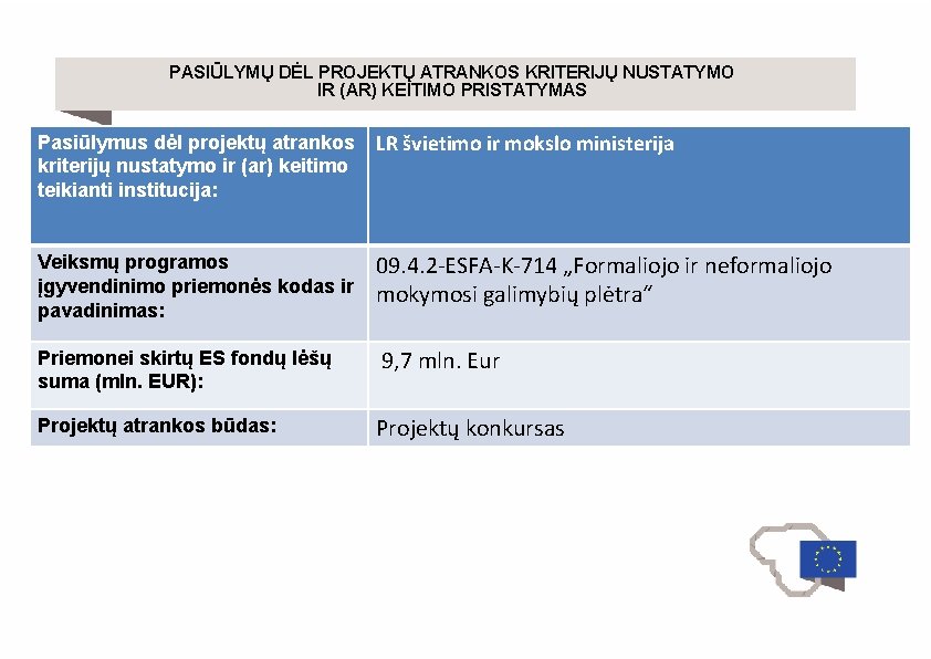 PASIŪLYMŲ DĖL PROJEKTŲ ATRANKOS KRITERIJŲ NUSTATYMO IR (AR) KEITIMO PRISTATYMAS Pasiūlymus dėl projektų atrankos