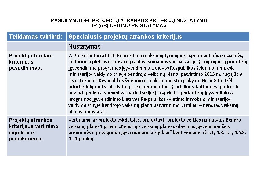 PASIŪLYMŲ DĖL PROJEKTŲ ATRANKOS KRITERIJŲ NUSTATYMO IR (AR) KEITIMO PRISTATYMAS Teikiamas tvirtinti: Specialusis projektų