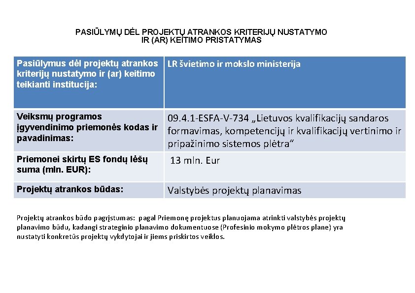 PASIŪLYMŲ DĖL PROJEKTŲ ATRANKOS KRITERIJŲ NUSTATYMO IR (AR) KEITIMO PRISTATYMAS Pasiūlymus dėl projektų atrankos