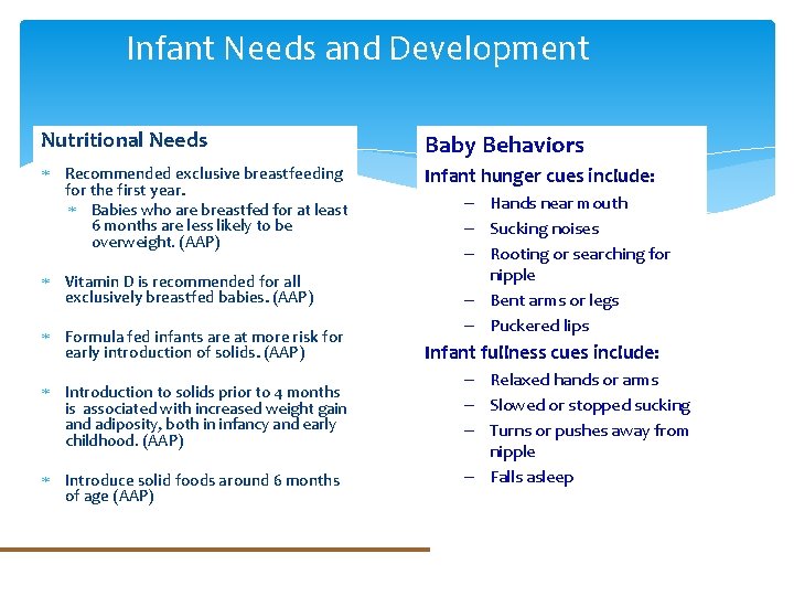 Infant Needs and Development Nutritional Needs Baby Behaviors Recommended exclusive breastfeeding for the first