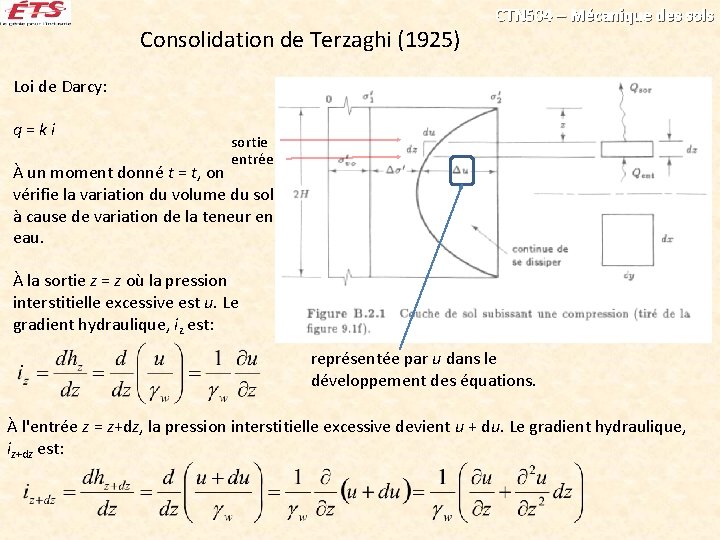 Consolidation de Terzaghi (1925) CTN 504 – Mécanique des sols Loi de Darcy: q=ki