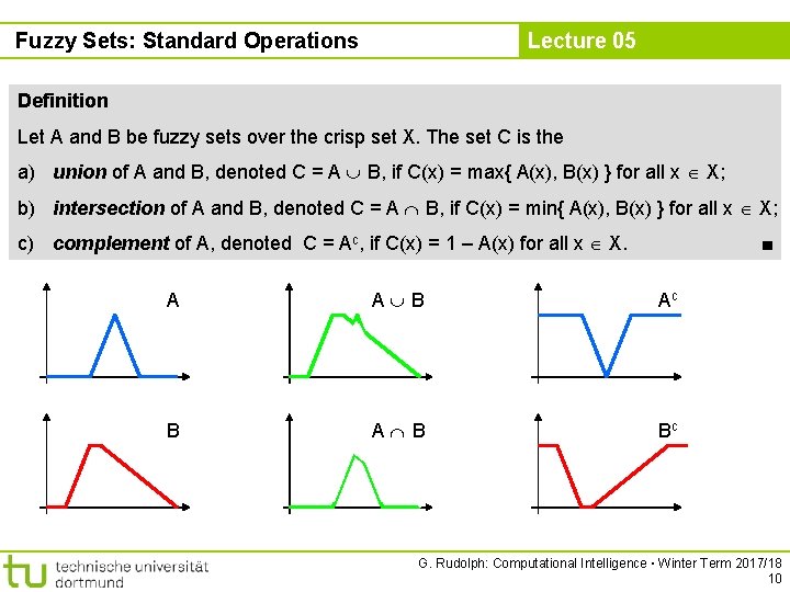 Fuzzy Sets: Standard Operations Lecture 05 Definition Let A and B be fuzzy sets