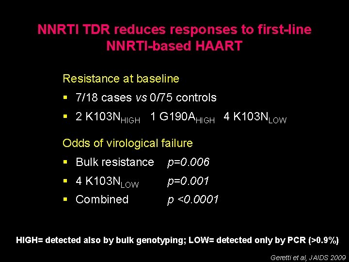 NNRTI TDR reduces responses to first-line NNRTI-based HAART Resistance at baseline § 7/18 cases