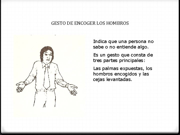 GESTO DE ENCOGER LOS HOMBROS Indica que una persona no sabe o no entiende