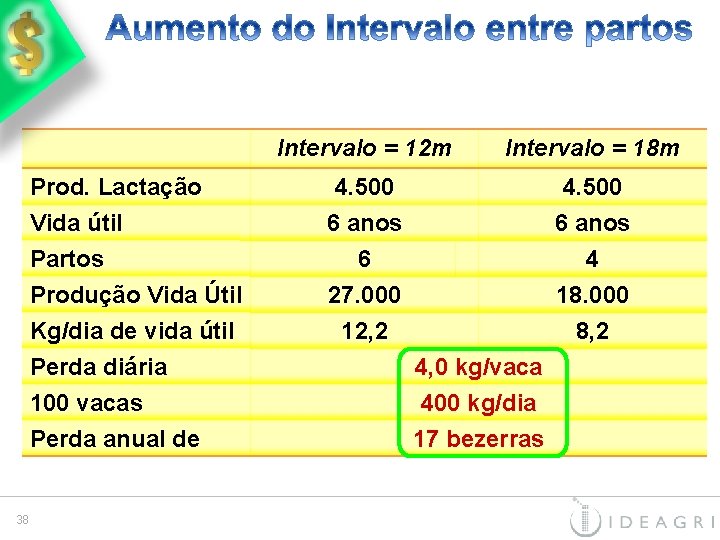 38 Intervalo = 12 m Intervalo = 18 m Prod. Lactação Vida útil Partos