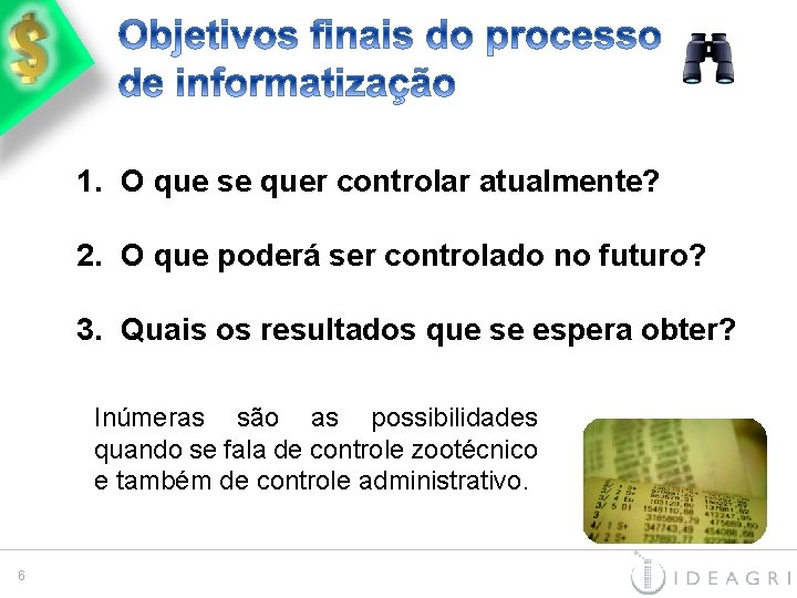 1. O que se quer controlar atualmente? 2. O que poderá ser controlado no