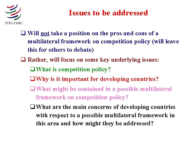 Issues to be addressed q Will not take a position on the pros and