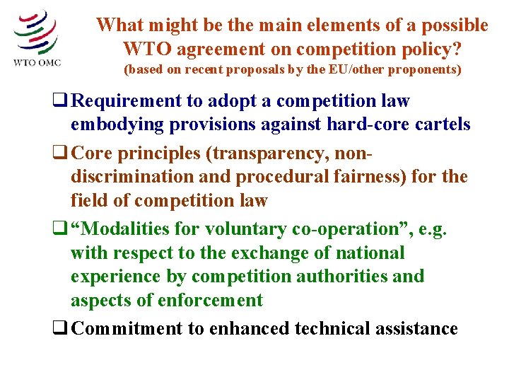 What might be the main elements of a possible WTO agreement on competition policy?