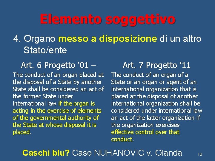 Elemento soggettivo 4. Organo messo a disposizione di un altro Stato/ente Art. 6 Progetto