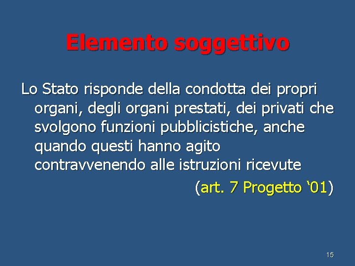 Elemento soggettivo Lo Stato risponde della condotta dei propri organi, degli organi prestati, dei