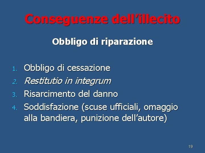 Conseguenze dell’illecito Obbligo di riparazione 1. Obbligo di cessazione 2. Restitutio in integrum 3.