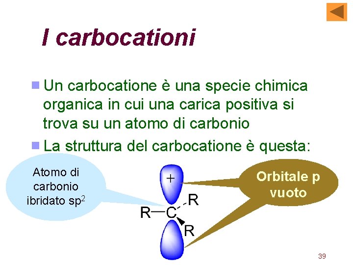 I carbocationi Un carbocatione è una specie chimica organica in cui una carica positiva I carbocationi Un carbocatione è una specie chimica organica in cui una carica positiva