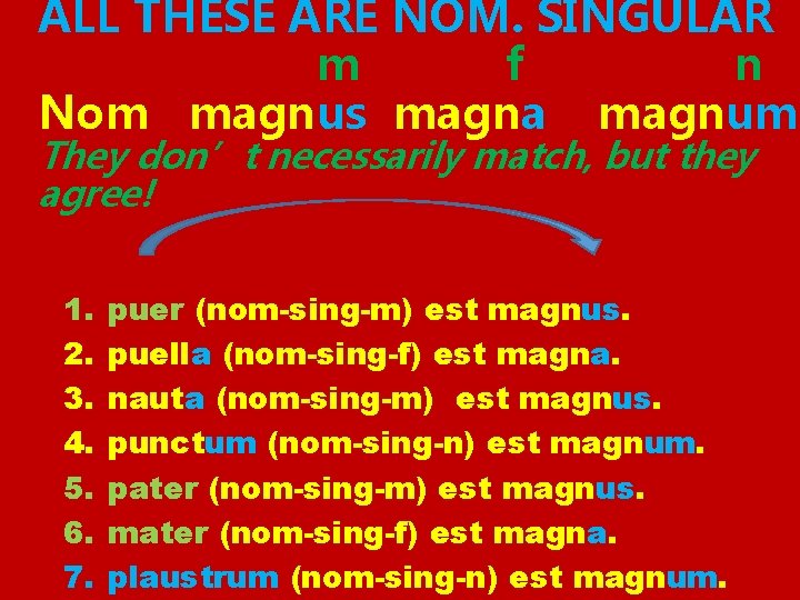 ALL THESE ARE NOM. SINGULAR m f n Nom magnus magna magnum They don’t