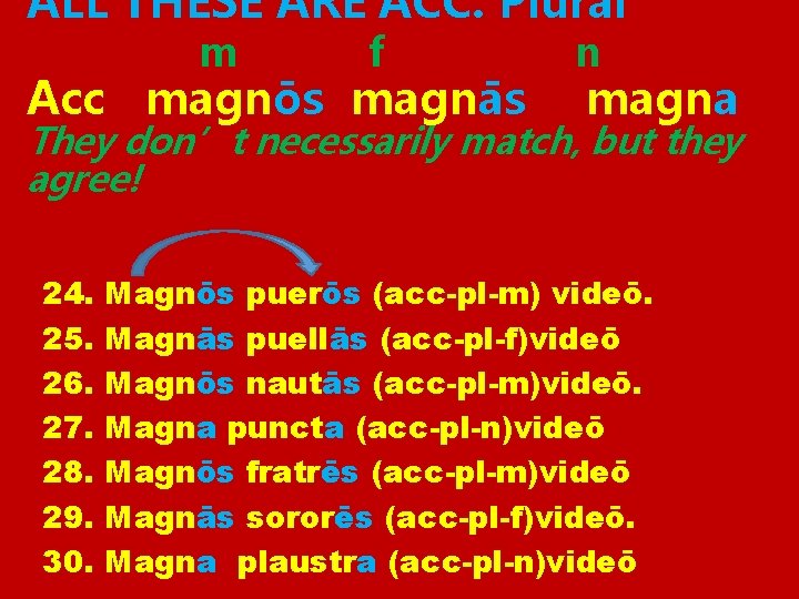 ALL THESE ARE ACC. Plural m f Acc magnōs magnās n magna They don’t