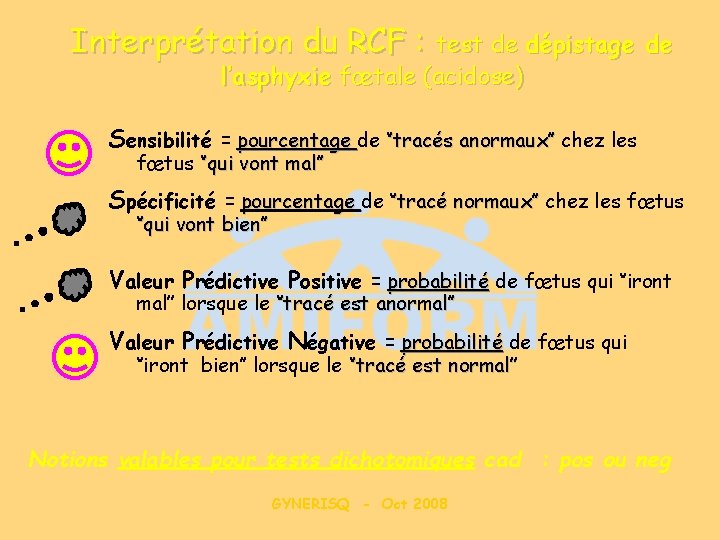 Interprétation du RCF : test de dépistage de l’asphyxie fœtale (acidose) Sensibilité = pourcentage