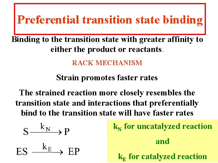 Preferential transition state binding Binding to the transition state with greater affinity to either Preferential transition state binding Binding to the transition state with greater affinity to either