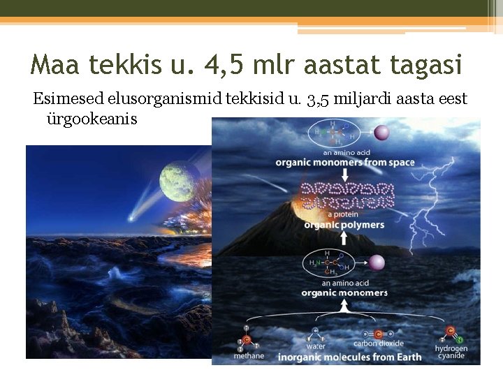 Maa tekkis u. 4, 5 mlr aastat tagasi Esimesed elusorganismid tekkisid u. 3, 5 Maa tekkis u. 4, 5 mlr aastat tagasi Esimesed elusorganismid tekkisid u. 3, 5