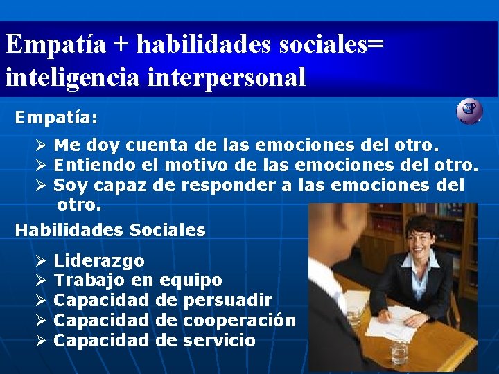 Empatía + habilidades sociales= inteligencia interpersonal Empatía: Ø Me doy cuenta de las emociones