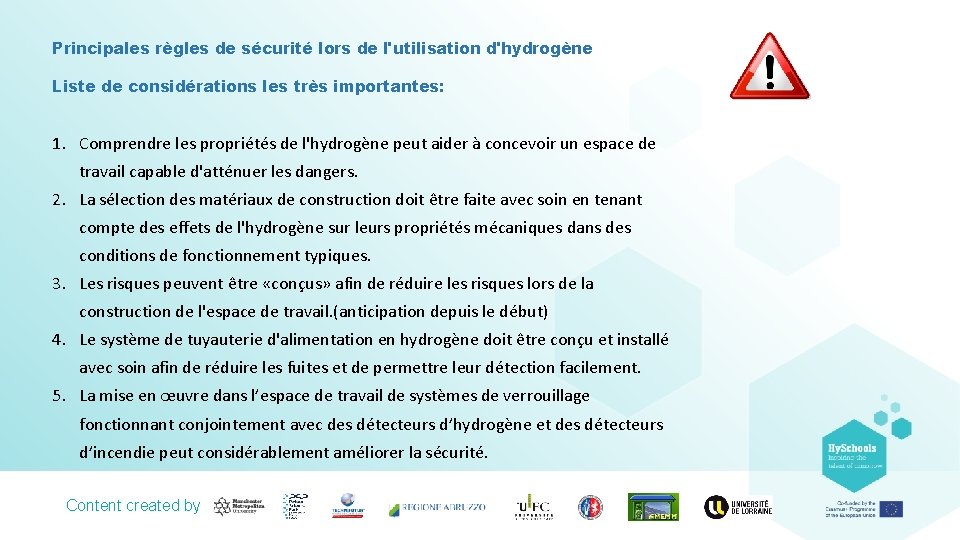 Principales règles de sécurité lors de l'utilisation d'hydrogène Liste de considérations les très importantes: