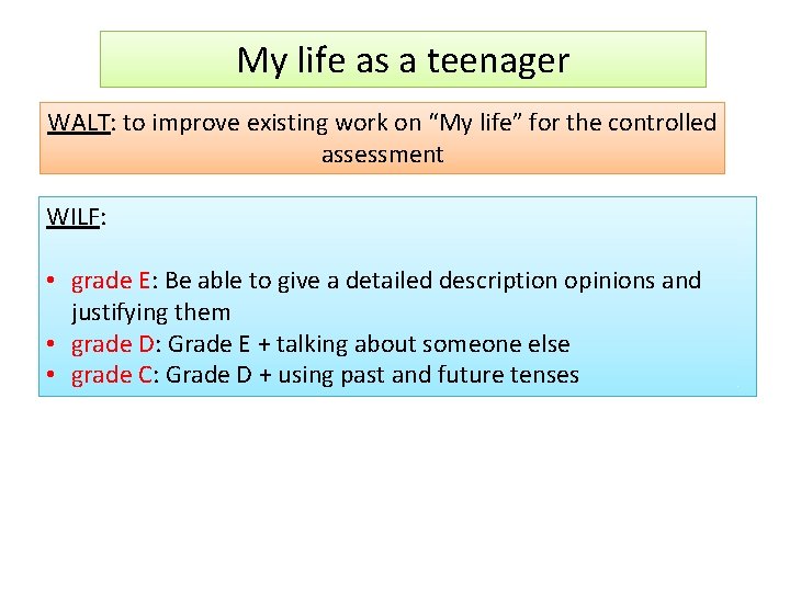 My life as a teenager WALT: to improve existing work on “My life” for