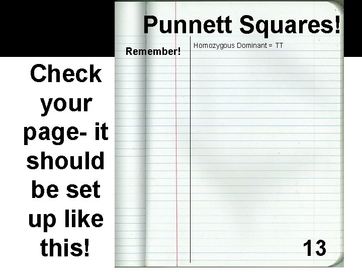 Punnett Squares! Remember! Check your page- it should be set up like this! Homozygous