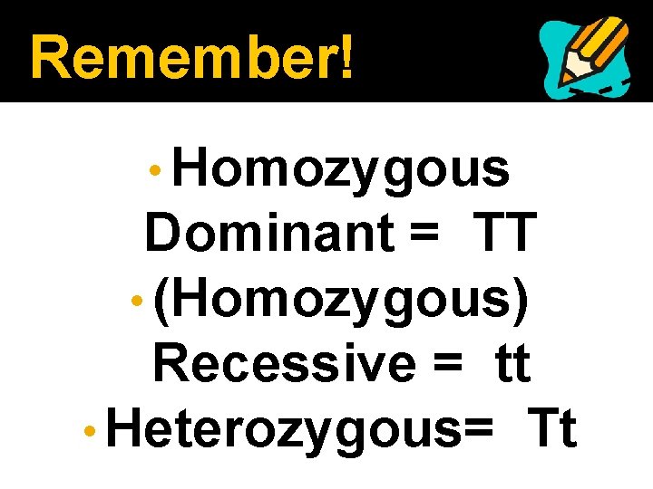 Remember! • Homozygous Dominant = TT • (Homozygous) Recessive = tt • Heterozygous= Tt