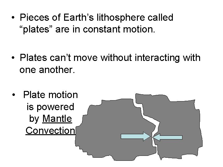  • Pieces of Earth’s lithosphere called “plates” are in constant motion. • Plates