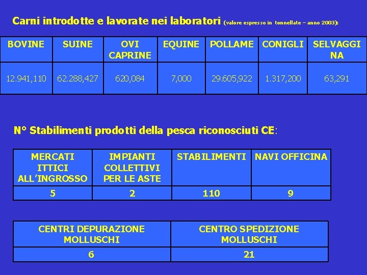 Carni introdotte e lavorate nei laboratori (valore espresso in tonnellate – anno 2003): BOVINE