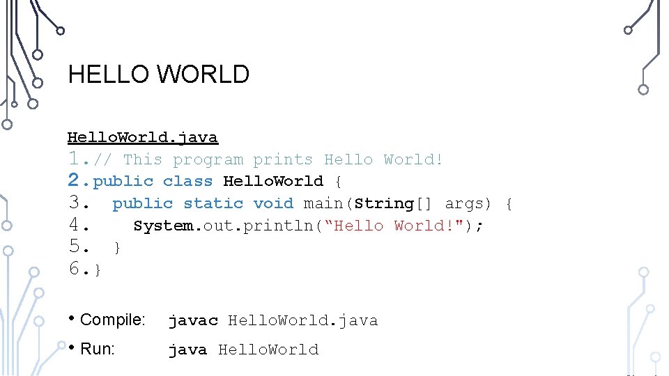 HELLO WORLD Hello. World. java 1. // This program prints Hello World! 2. public