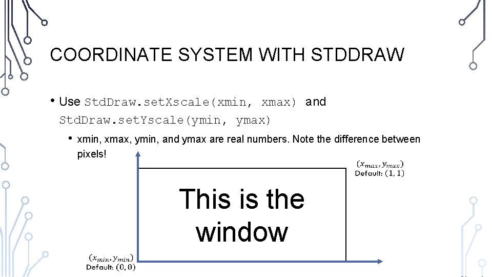 COORDINATE SYSTEM WITH STDDRAW • Use Std. Draw. set. Xscale(xmin, xmax) and Std. Draw.